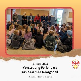 Vorstellung Ferienpass Grundschule Georgsheil. Mehrere Kinder und Erwachsene sitzen in einem Raum.