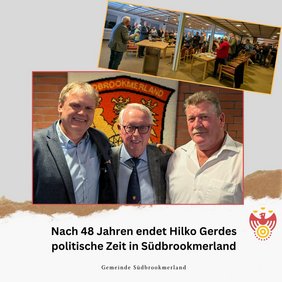 Hilko Gerdes beendet seine politische Zeit in Südbrookmerland. Einige Personen lächeln in die Kamera. Einige Personen stehen und klatschen.